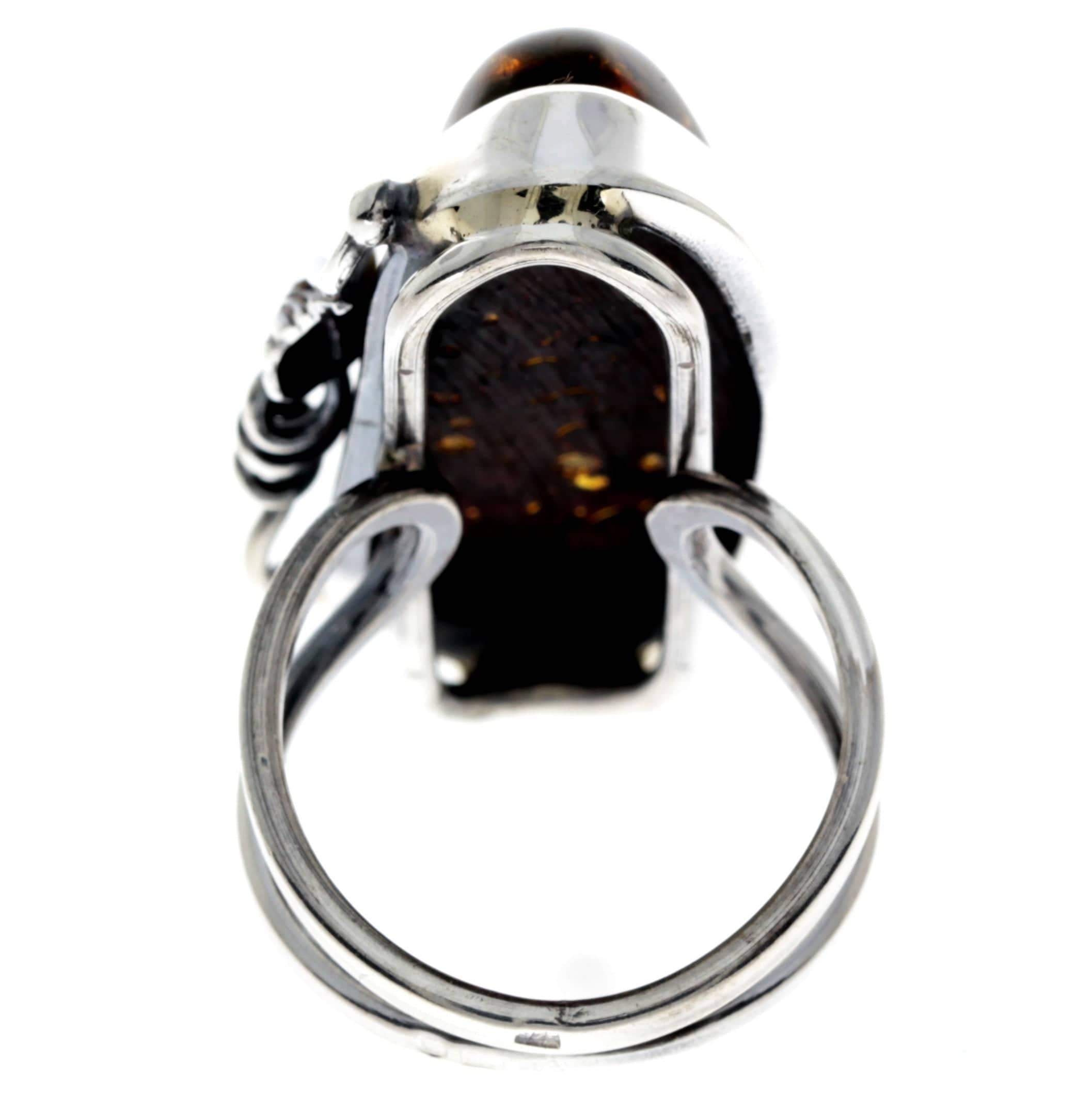 925 Sterling Silver & Genuine Green Baltic Amber Unique Ring - RG0724