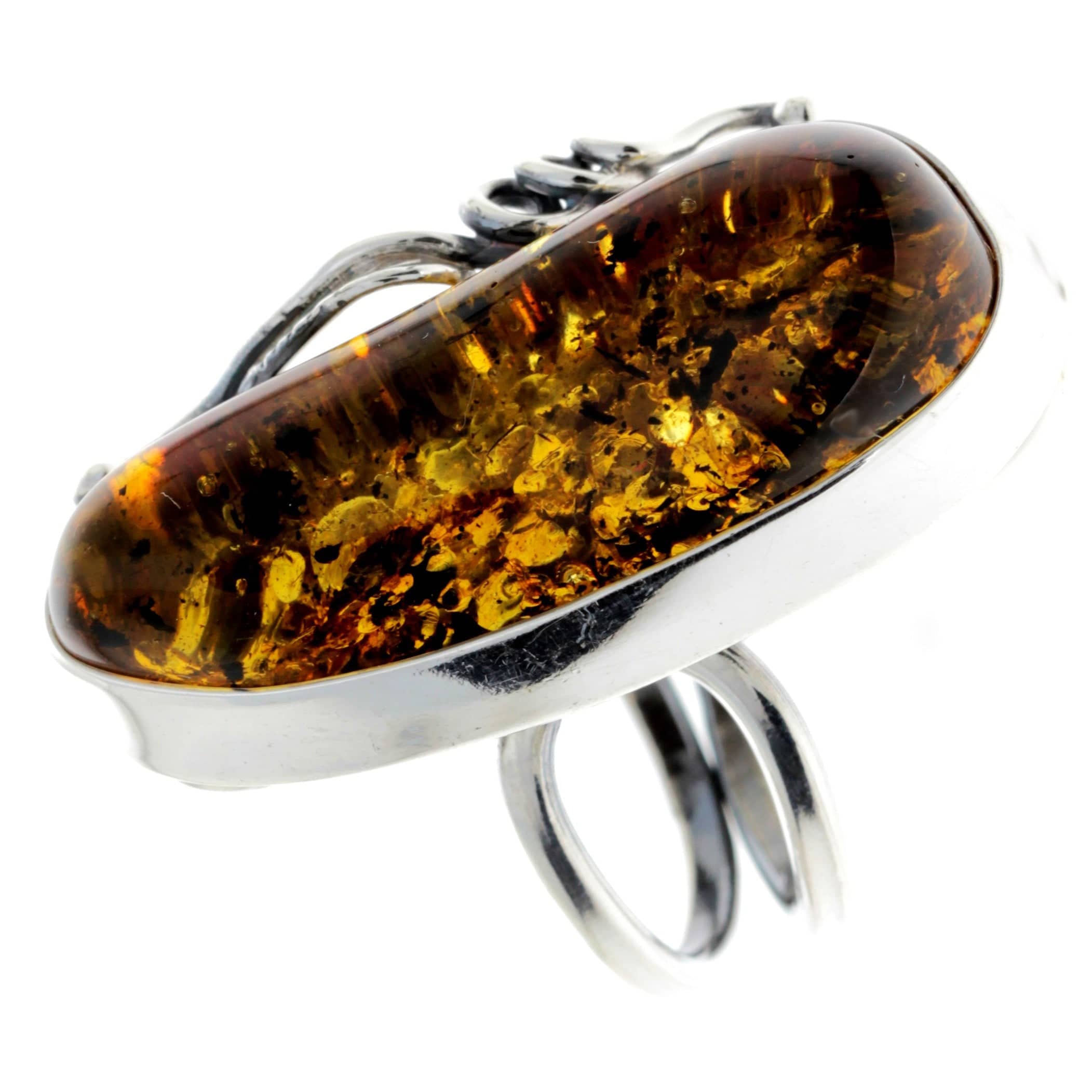 925 Sterling Silver & Genuine Green Baltic Amber Unique Ring - RG0724