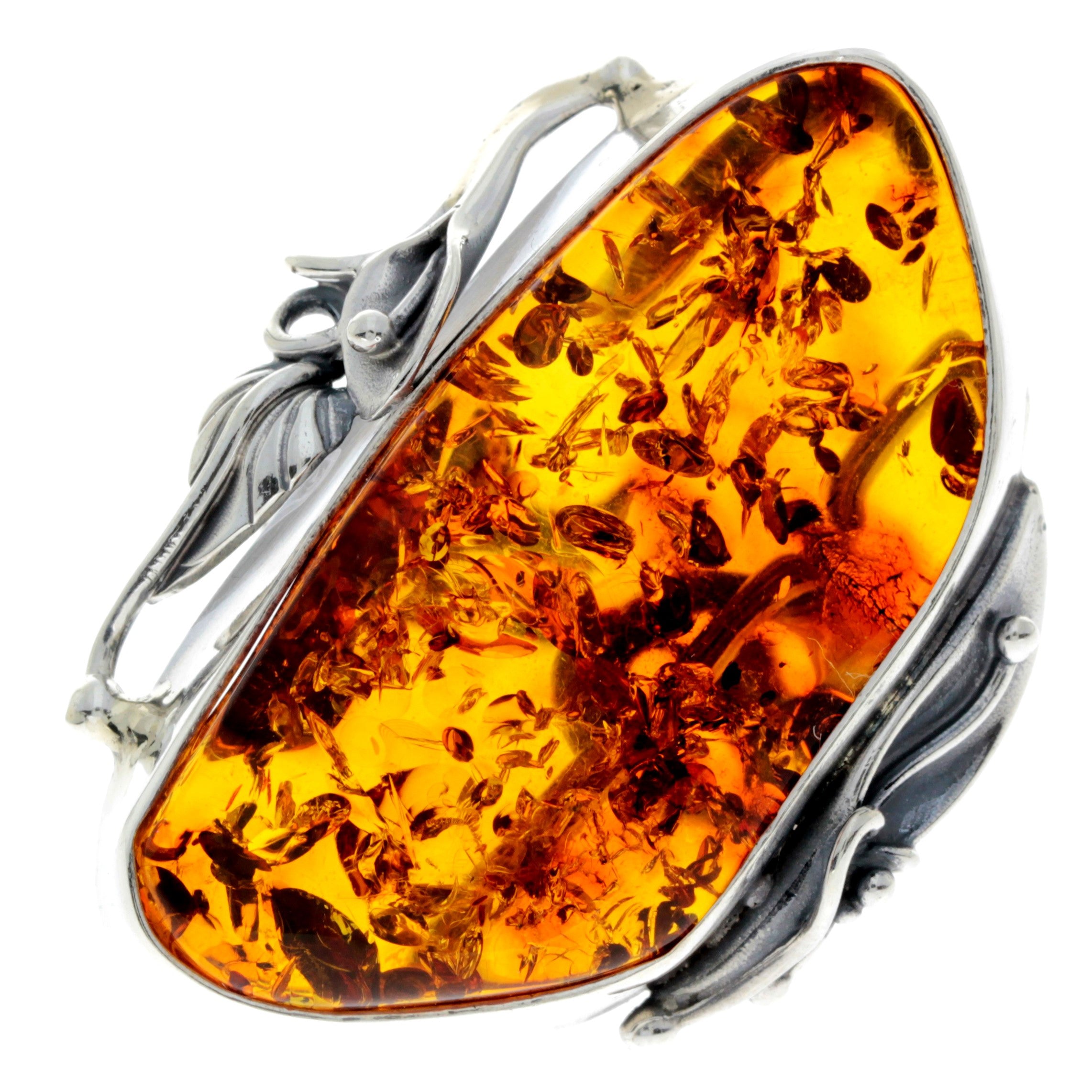 925 Sterling Silver & Genuine Cognac Baltic Amber Unique Ring - RG0729