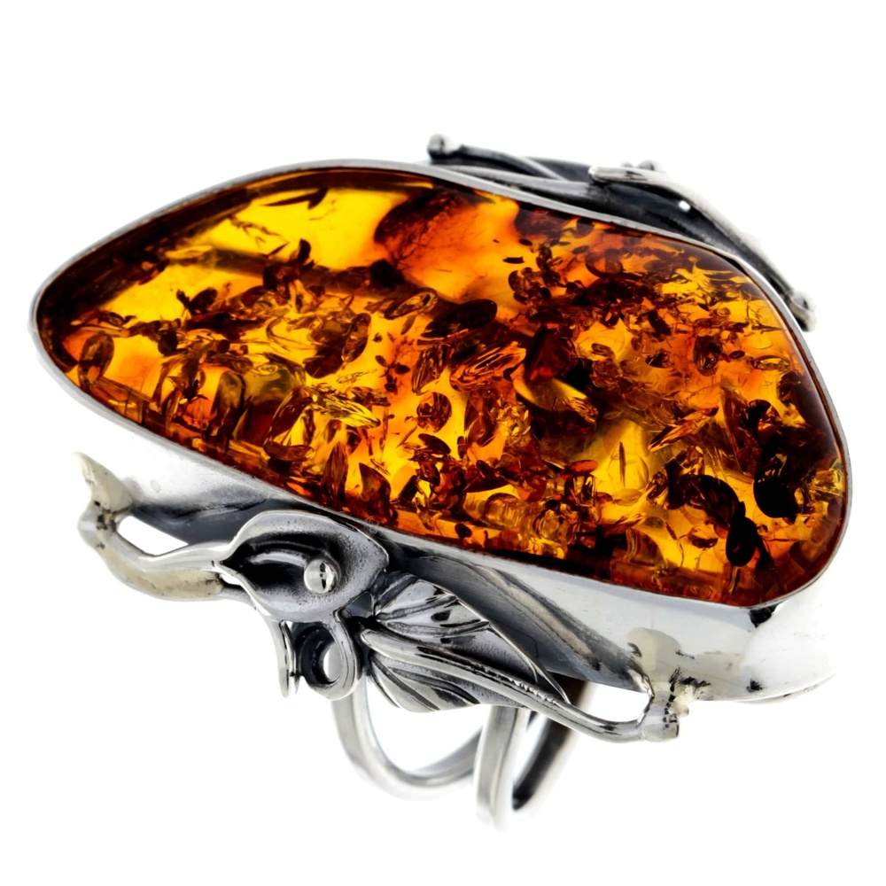 925 Sterling Silver & Genuine Cognac Baltic Amber Unique Ring - RG0729