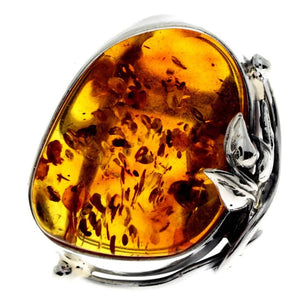 925 Sterling Silver & Genuine Cognac Baltic Amber Unique Ring - RG0737