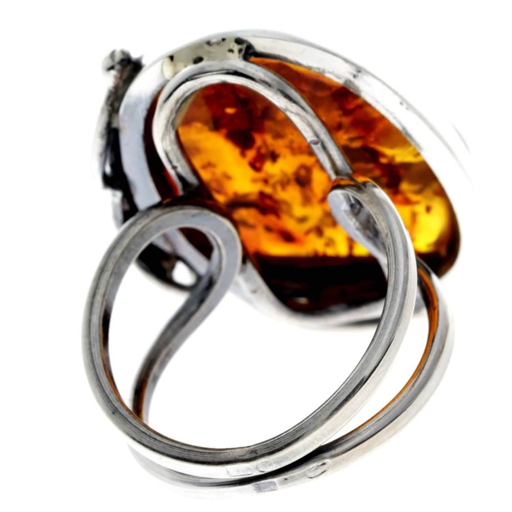 925 Sterling Silver & Genuine Cognac Baltic Amber Unique Ring - RG0737