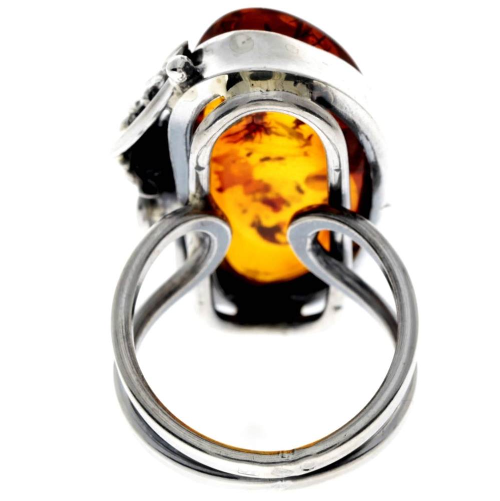 925 Sterling Silver & Genuine Cognac Baltic Amber Unique Ring - RG0738