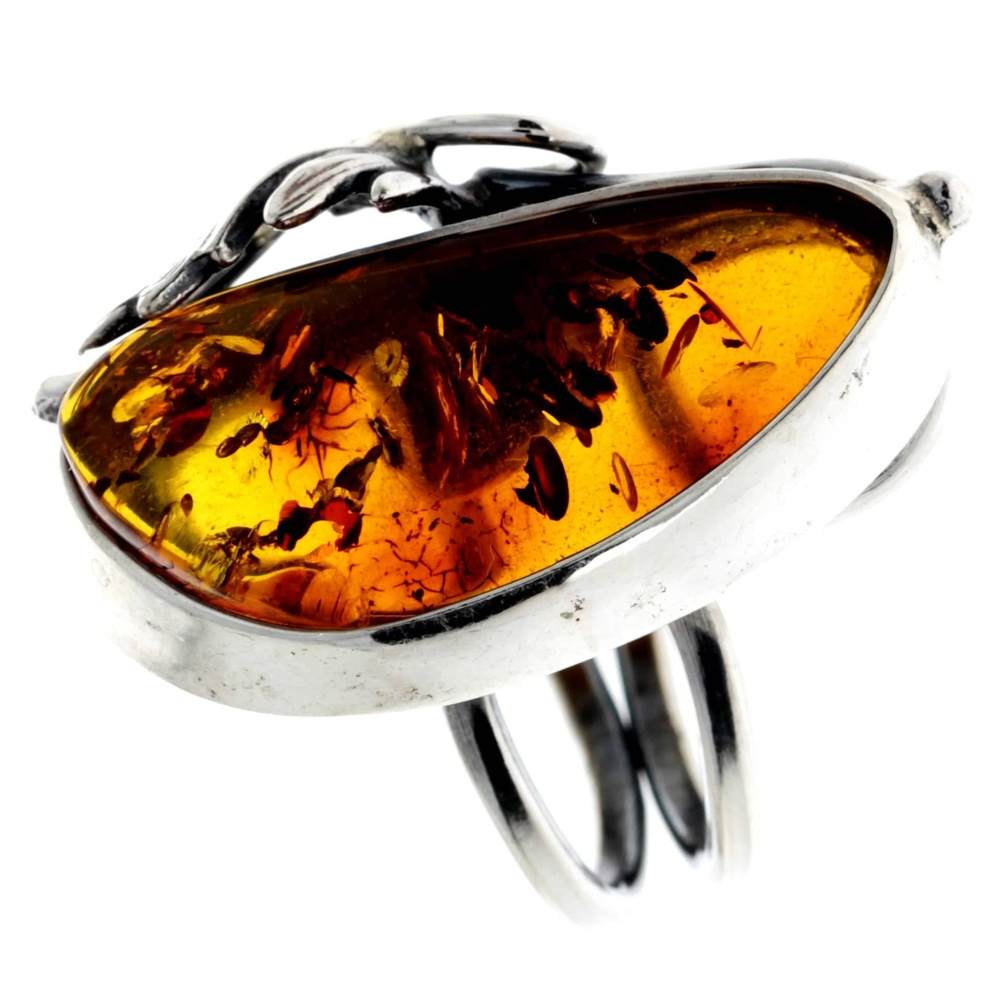 925 Sterling Silver & Genuine Cognac Baltic Amber Unique Ring - RG0738