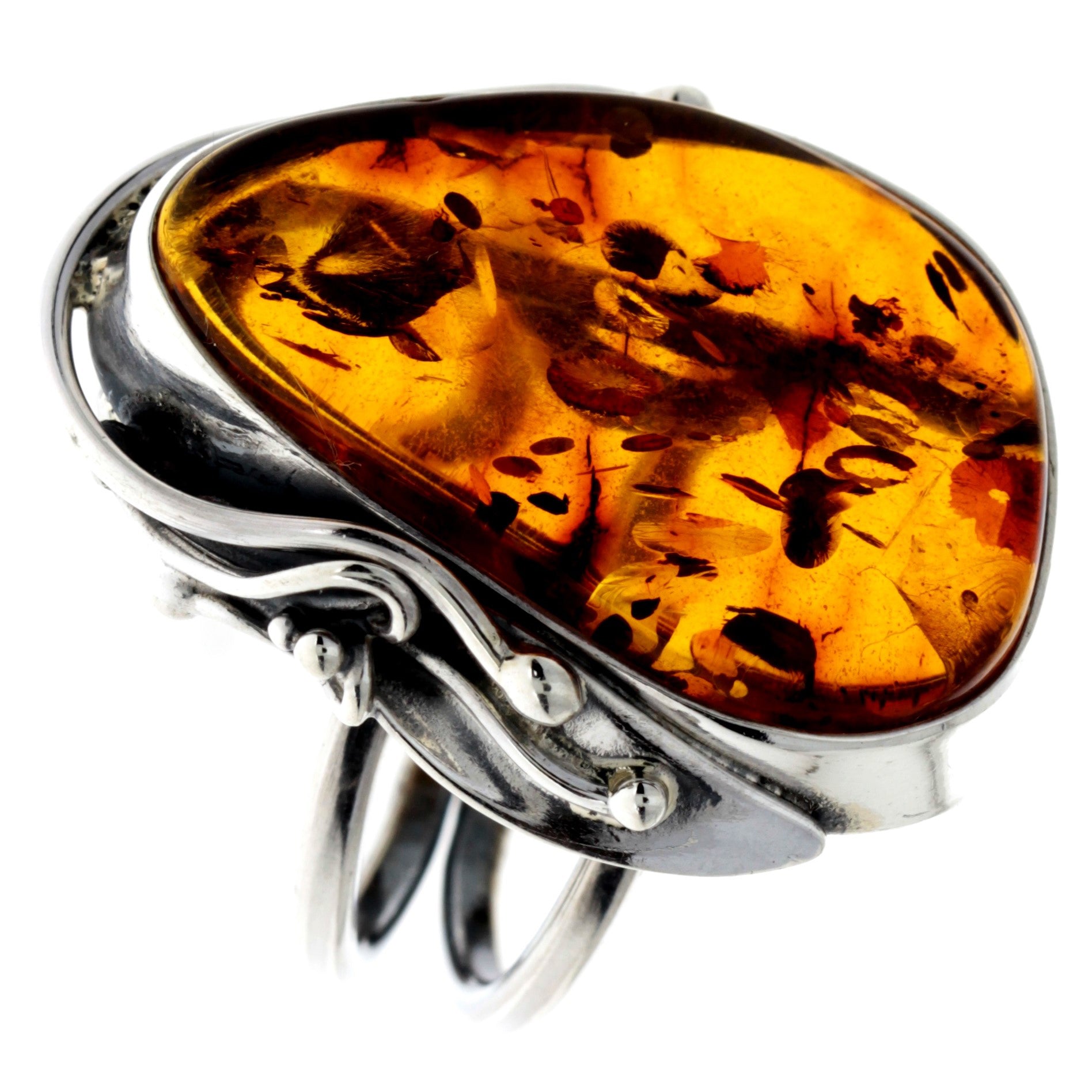 925 Sterling Silver & Genuine Cognac Baltic Amber Unique Ring - RG0741