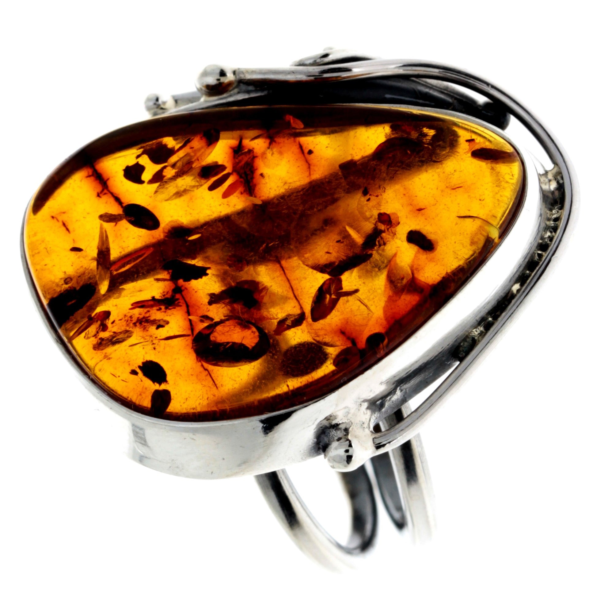 925 Sterling Silver & Genuine Cognac Baltic Amber Unique Ring - RG0741