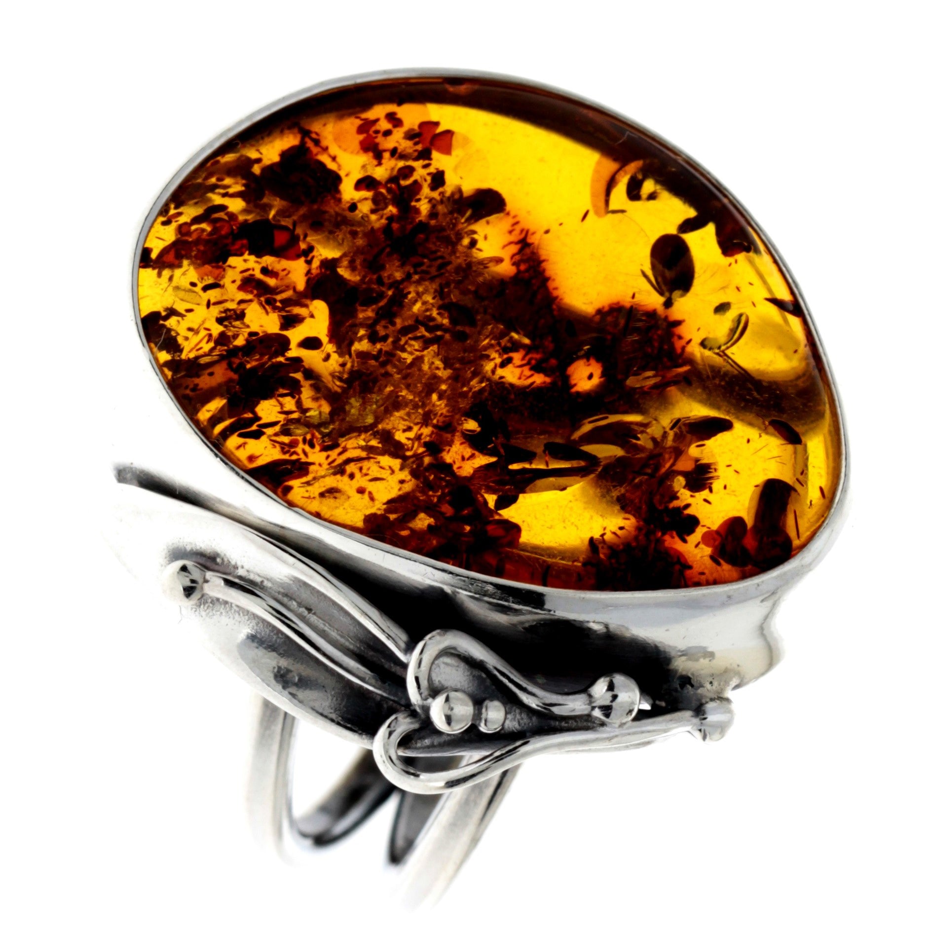 925 Sterling Silver & Genuine Cognac Baltic Amber Unique Ring - RG0743