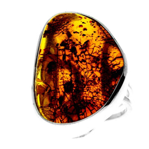 925 Sterling Silver & Genuine Cognac Baltic Amber Unique Exclusive Adjustable Ring - RG0748