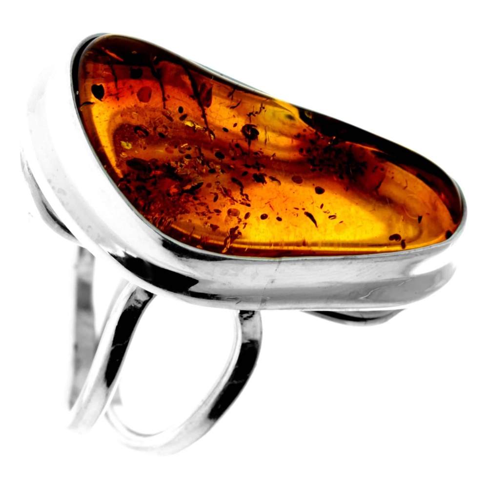 925 Sterling Silver & Genuine Cognac Baltic Amber Unique Exclusive Adjustable Ring - RG0749