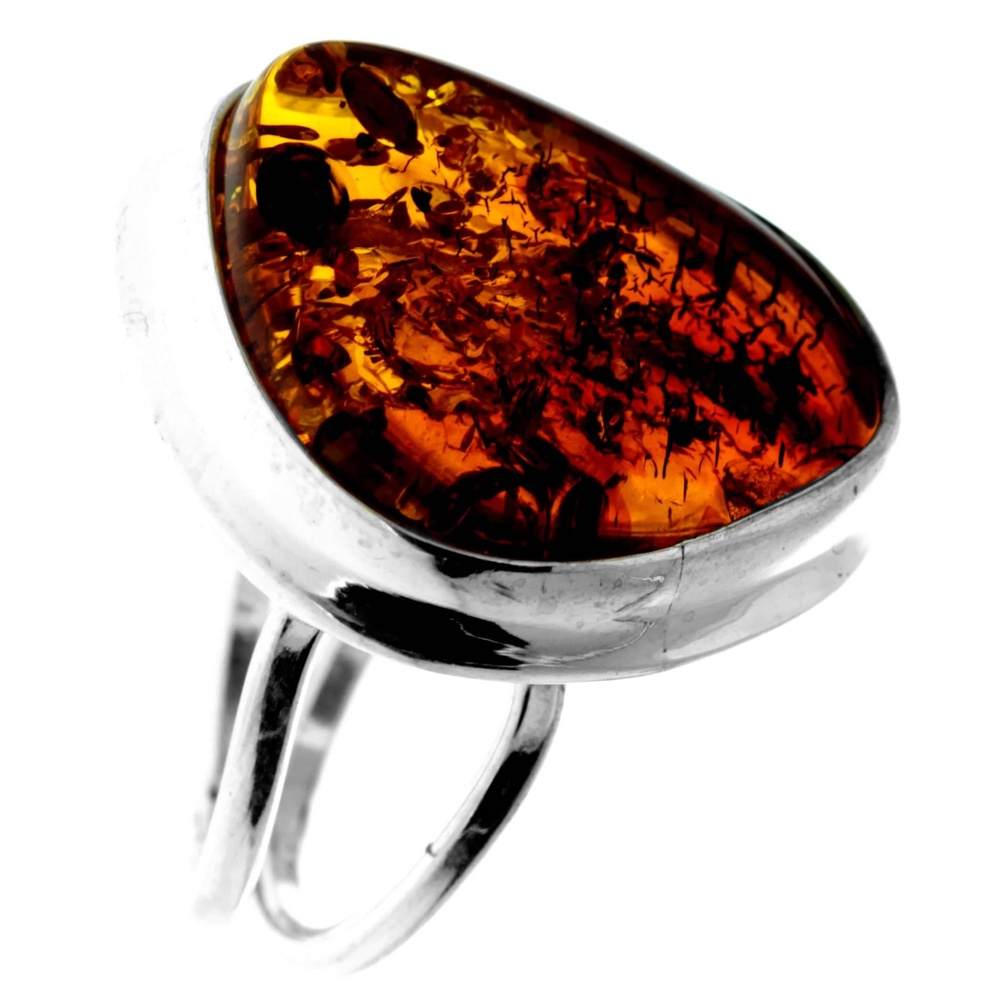 925 Sterling Silver & Genuine Cognac Baltic Amber Unique Exclusive Adjustable Ring - RG0750