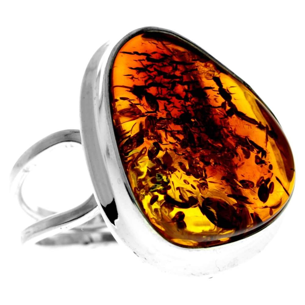 925 Sterling Silver & Genuine Cognac Baltic Amber Unique Exclusive Adjustable Ring - RG0750