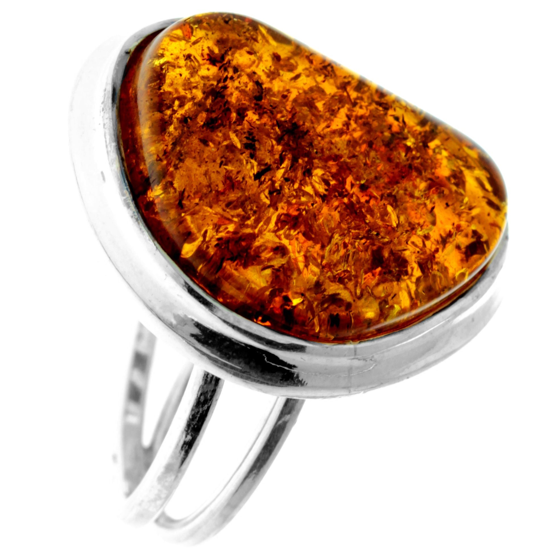 925 Sterling Silver & Genuine Cognac Baltic Amber Unique Exclusive Adjustable Ring - RG0752