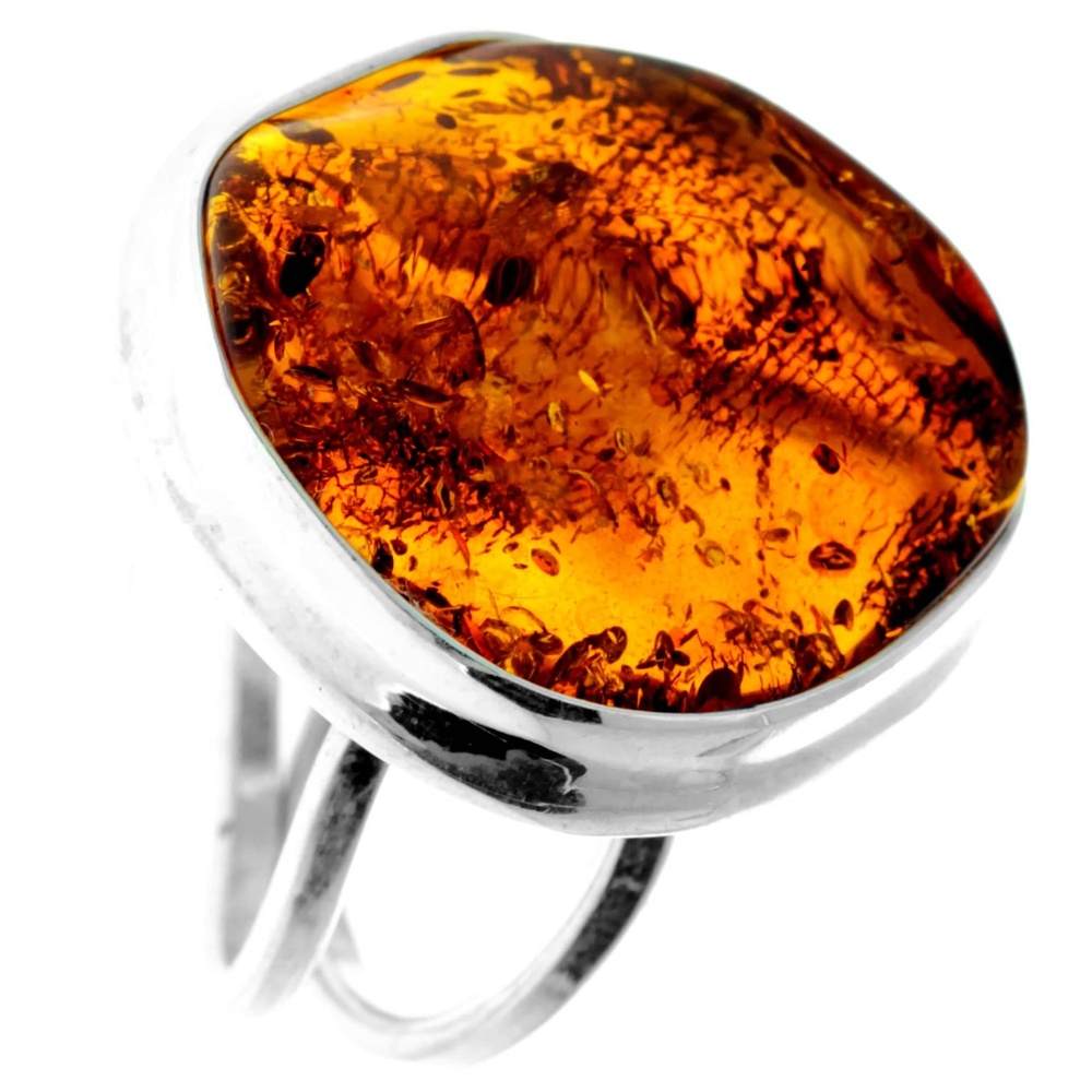 925 Sterling Silver & Genuine Cognac Baltic Amber Unique Exclusive Adjustable Ring - RG0753