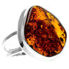925 Sterling Silver & Genuine Cognac Baltic Amber Unique Exclusive Adjustable Ring - RG0753