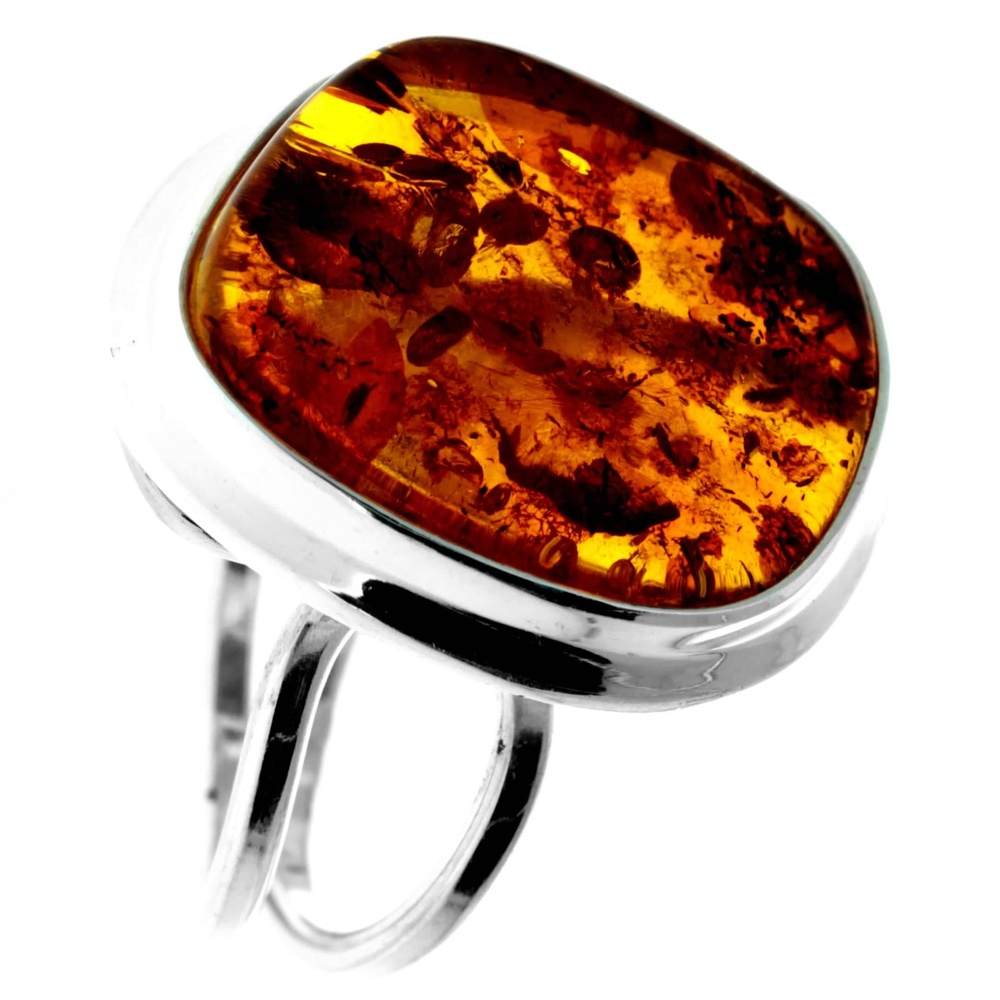 925 Sterling Silver & Genuine Cognac Baltic Amber Unique Exclusive Adjustable Ring - RG0758