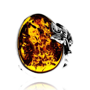 925 Sterling Silver & Genuine Cognac Baltic Amber Unique Exclusive Adjustable Ring - RG0760