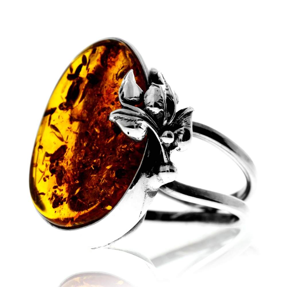 925 Sterling Silver & Genuine Cognac Baltic Amber Unique Exclusive Adjustable Ring - RG0760