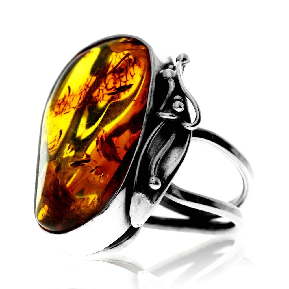 925 Sterling Silver & Genuine Cognac Baltic Amber Unique Exclusive Adjustable Ring - RG0761