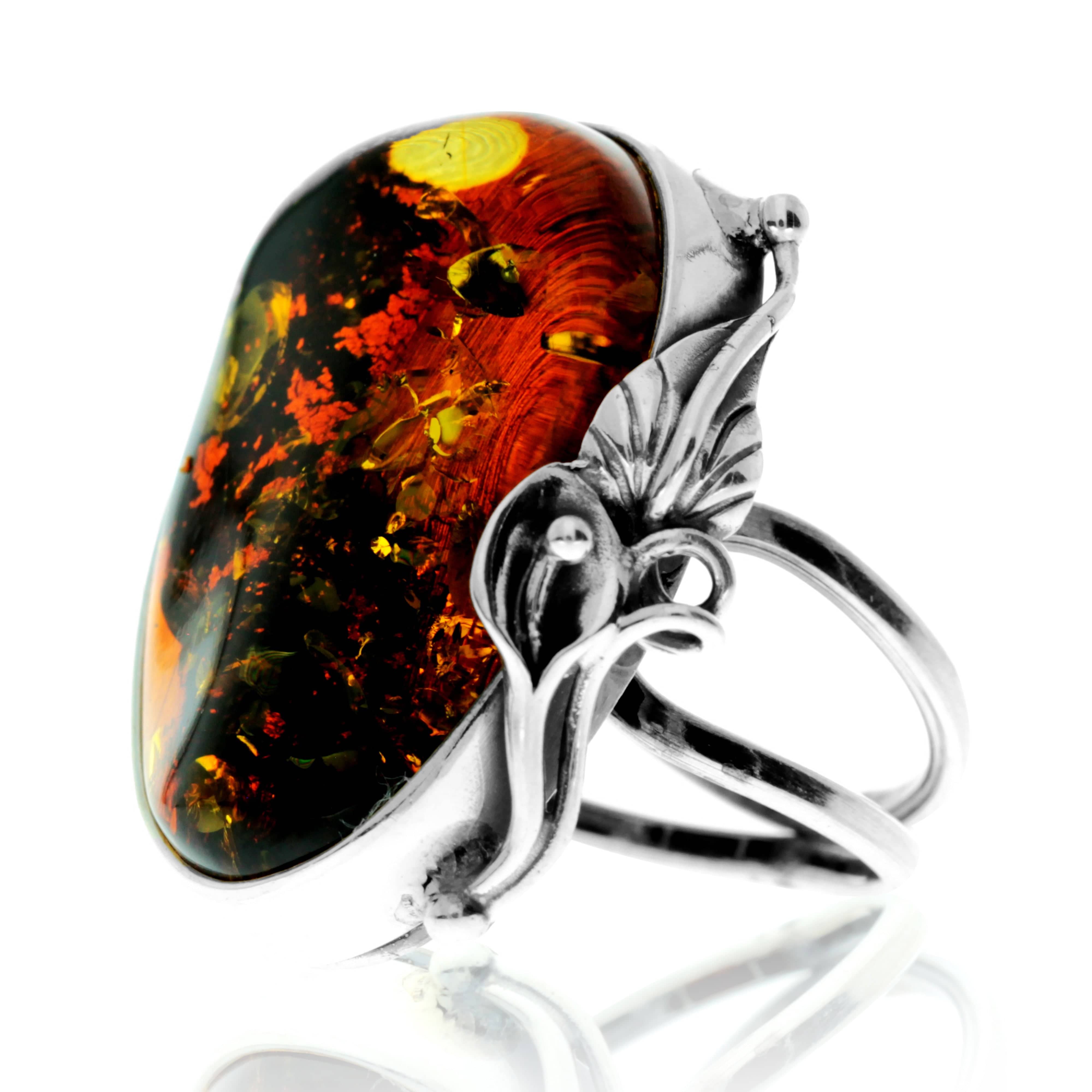 925 Sterling Silver & Genuine Green Baltic Amber Unique Exclusive Adjustable Ring - RG0762