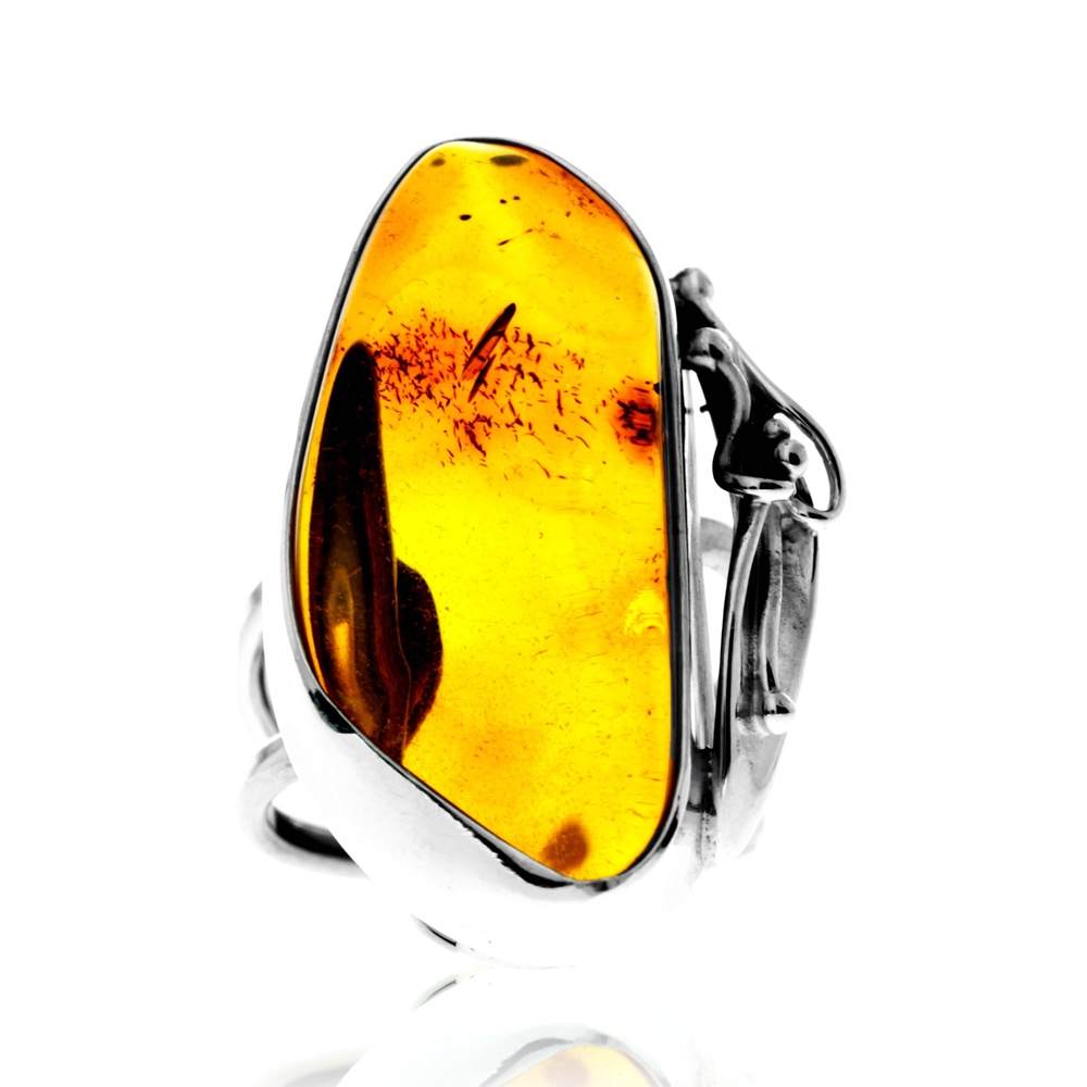 925 Sterling Silver & Genuine Cognac Baltic Amber Unique Exclusive Adjustable Ring - RG0763