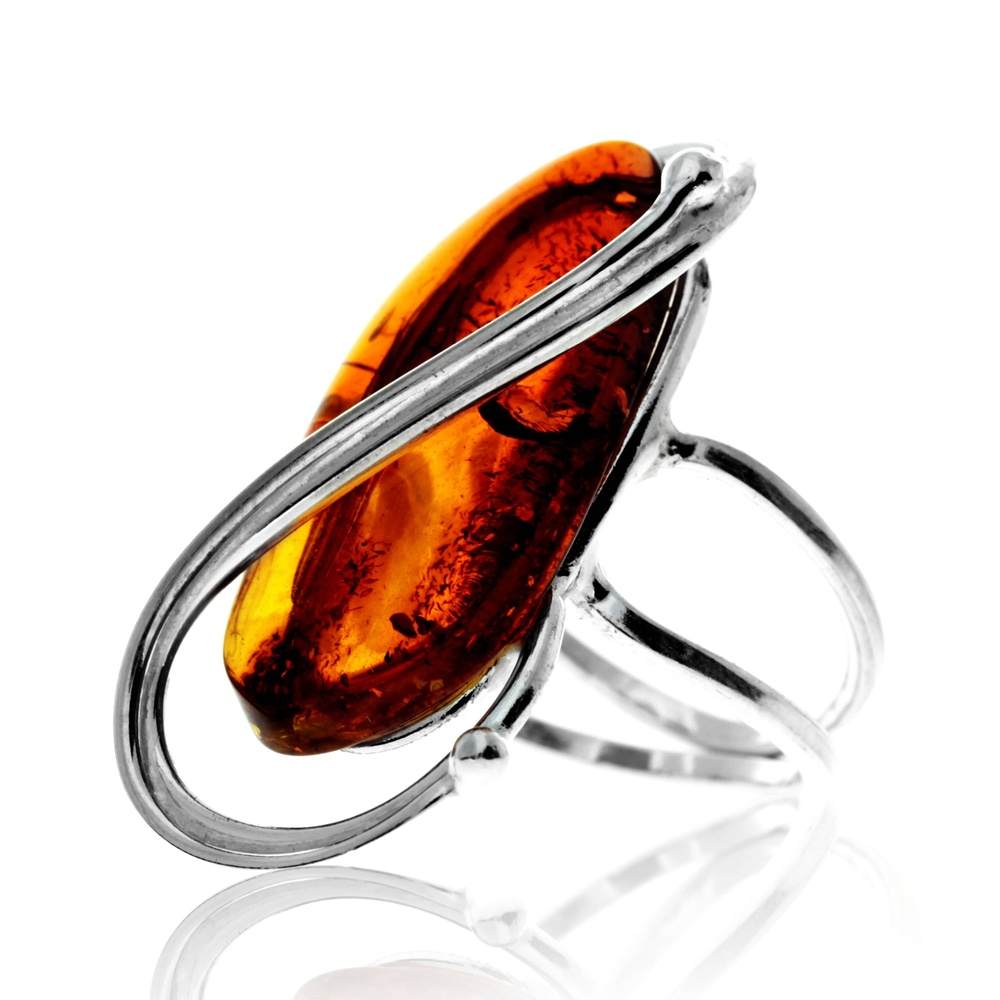 925 Sterling Silver & Genuine Cognac Baltic Amber Unique Exclusive Adjustable Ring - RG0765