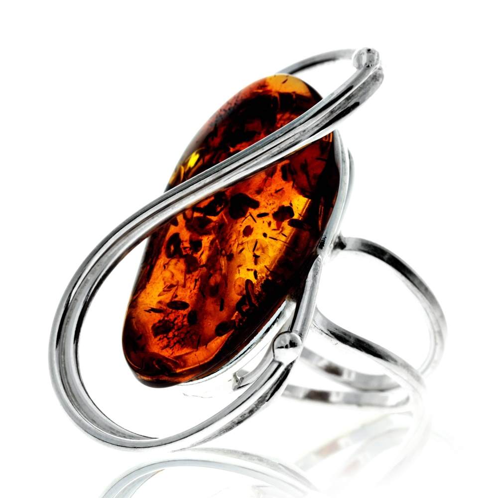 925 Sterling Silver & Genuine Cognac Baltic Amber Unique Exclusive Adjustable Ring - RG0769