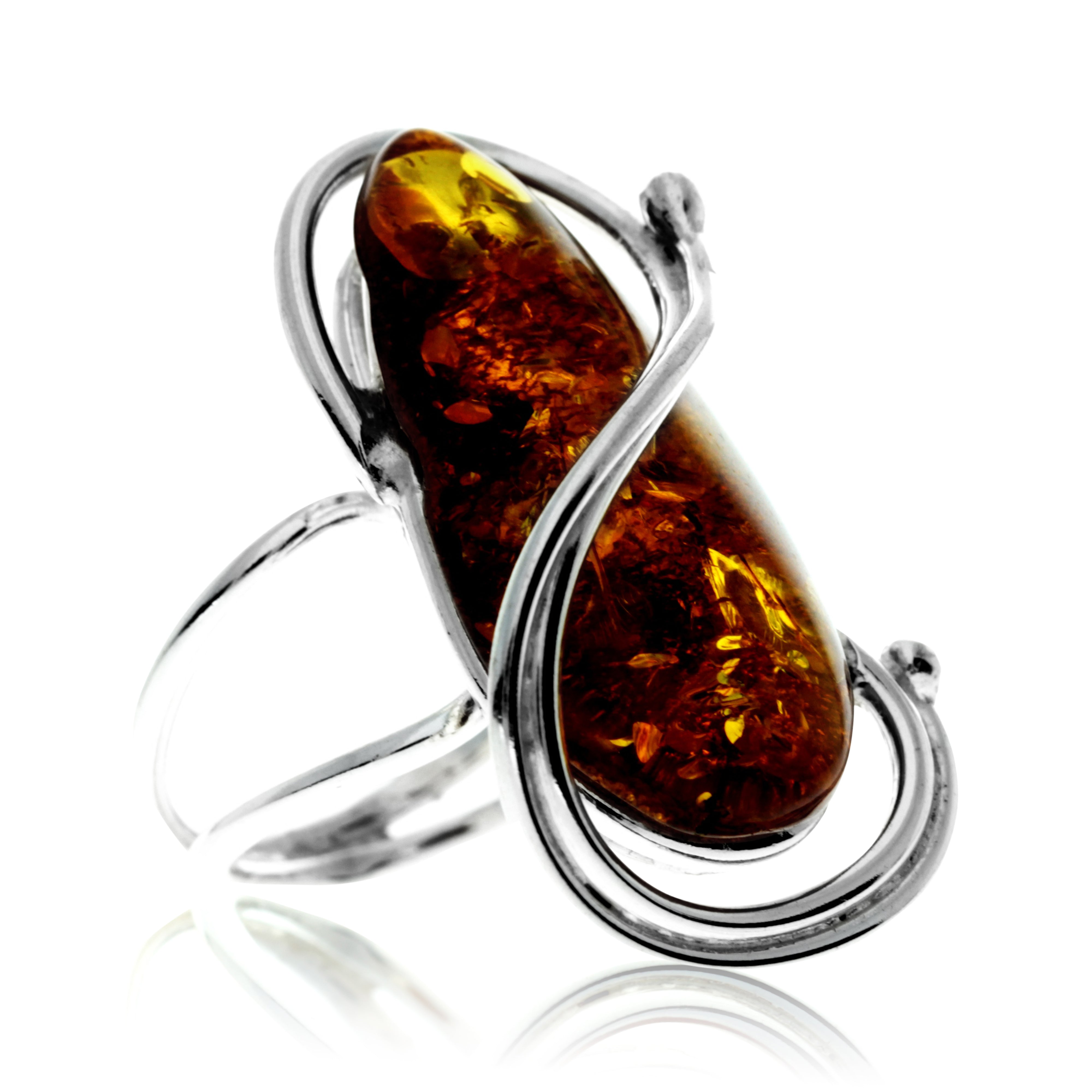 925 Sterling Silver & Genuine Cognac Baltic Amber Unique Exclusive Adjustable Ring - RG0770