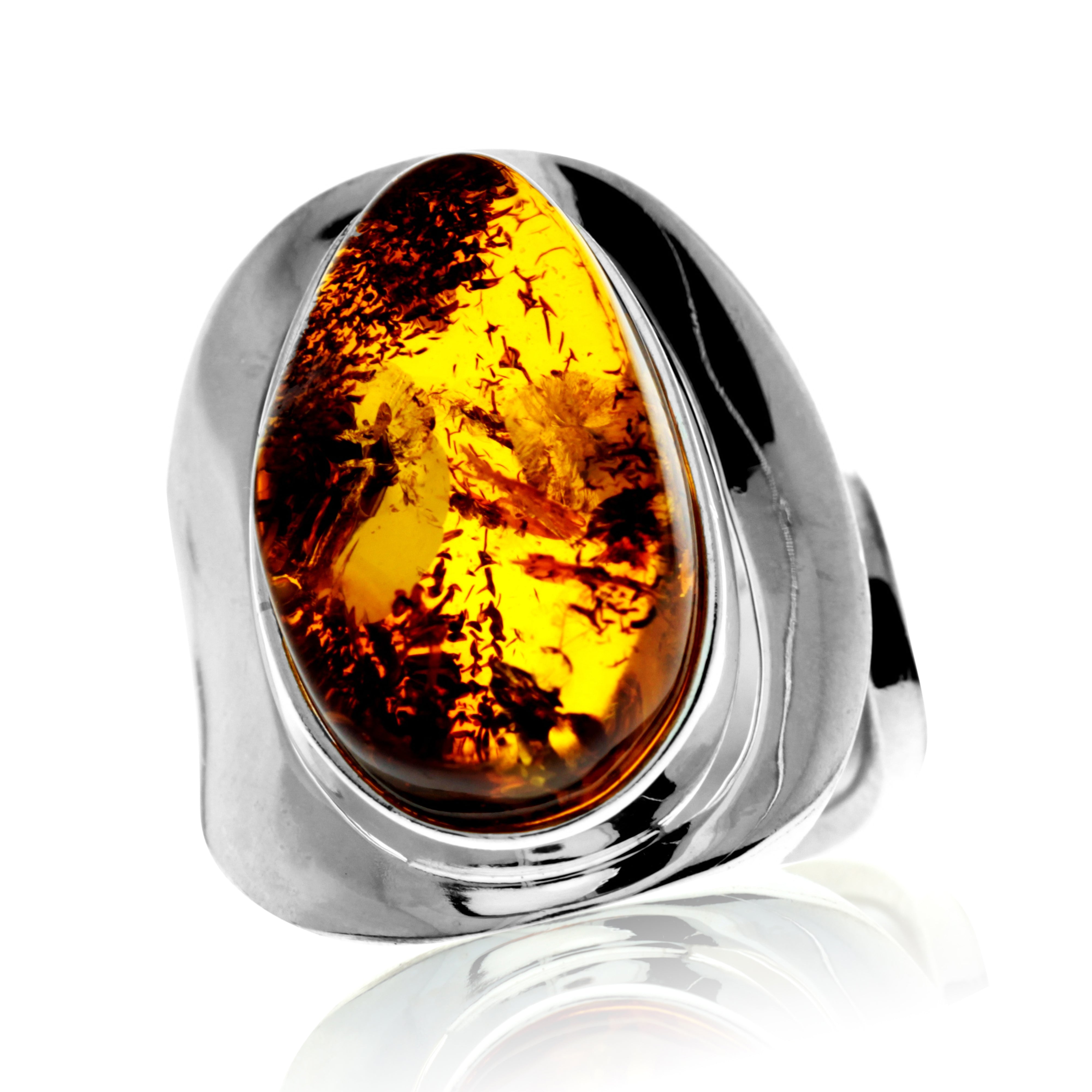 925 Sterling Silver & Genuine Cognac Baltic Amber Unique Exclusive Adjustable Ring - RG0771