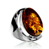 925 Sterling Silver & Genuine Cognac Baltic Amber Unique Exclusive Adjustable Ring - RG0771