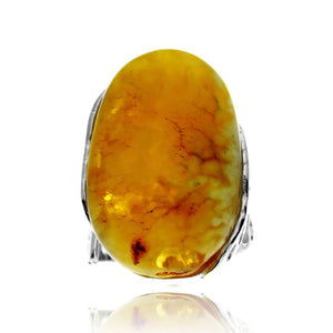 925 Sterling Silver & Genuine Lemon Baltic Amber Unique Exclusive Adjustable Ring - RG0773