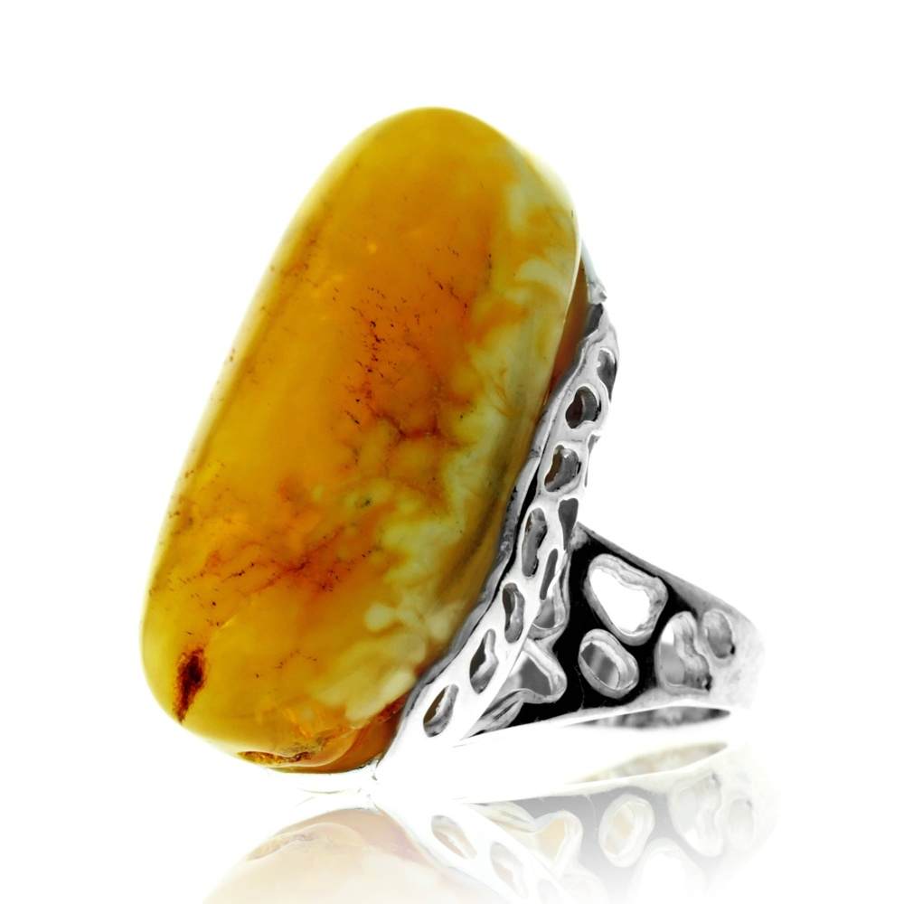 925 Sterling Silver & Genuine Lemon Baltic Amber Unique Exclusive Adjustable Ring - RG0773