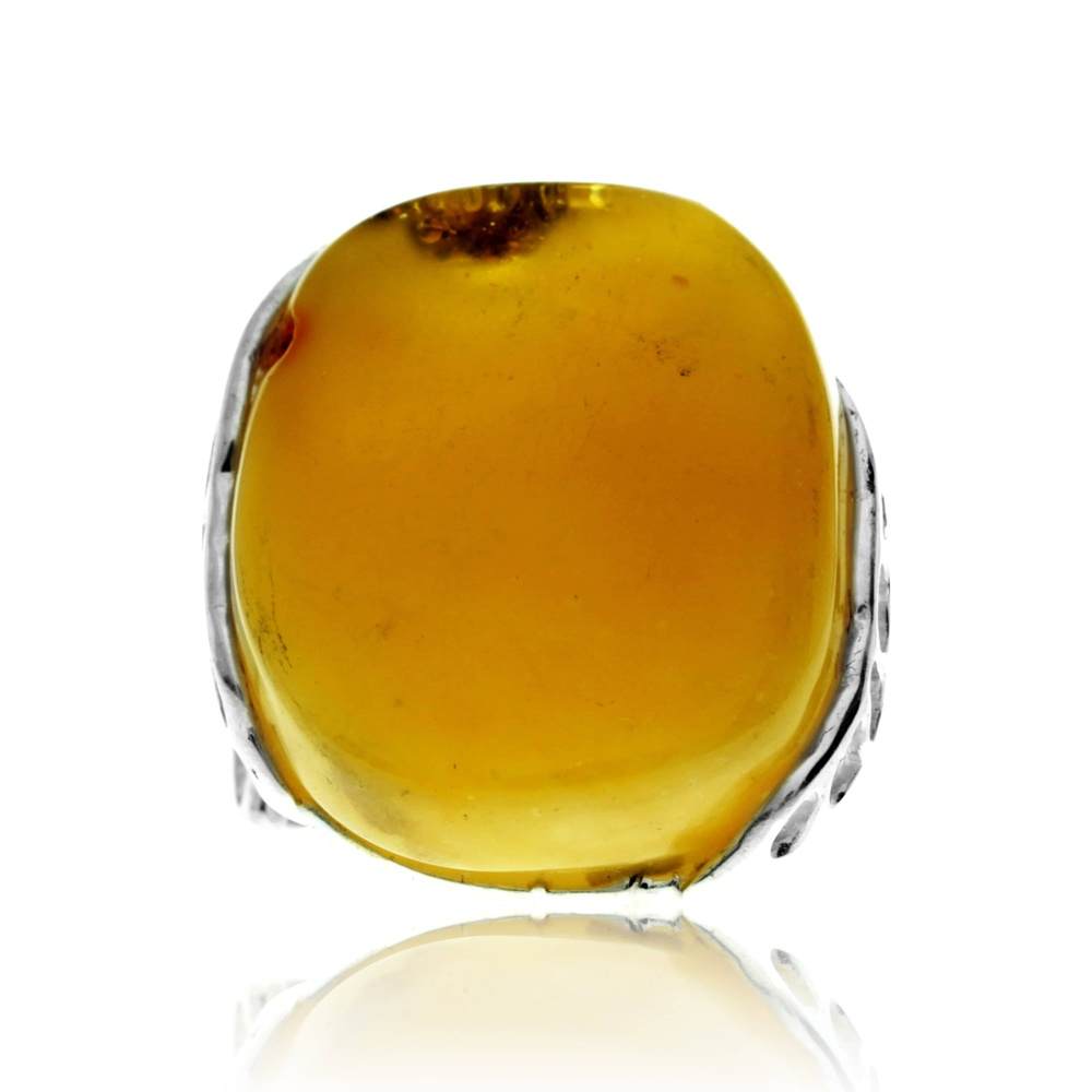 925 Sterling Silver & Genuine Lemon Baltic Amber Unique Exclusive Adjustable Ring - RG0774