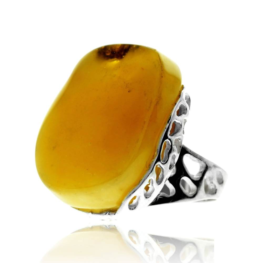 925 Sterling Silver & Genuine Lemon Baltic Amber Unique Exclusive Adjustable Ring - RG0774