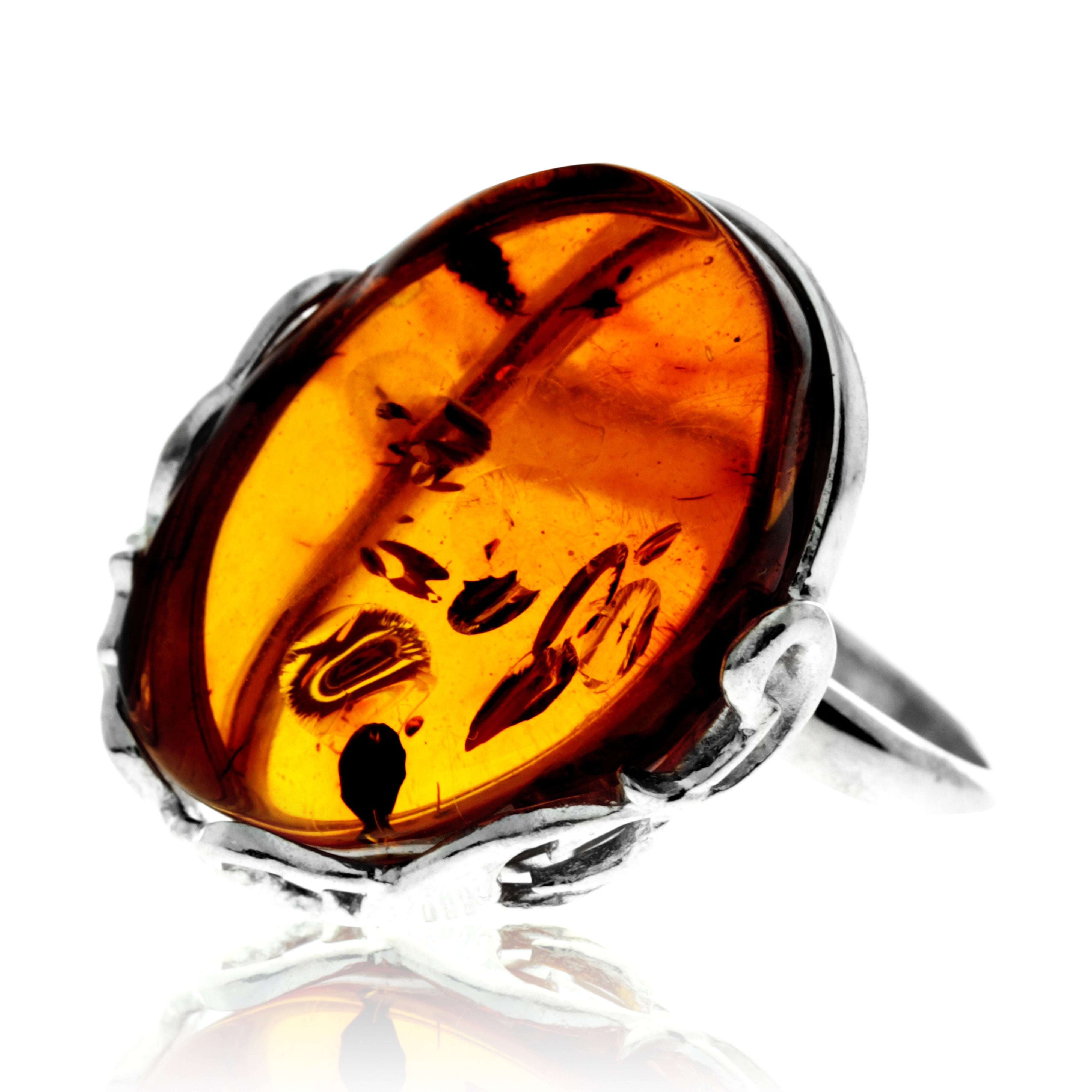 925 Sterling Silver & Genuine Cognac Baltic Amber Unique Exclusive Adjustable Ring - RG0776
