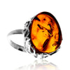 925 Sterling Silver & Genuine Cognac Baltic Amber Unique Exclusive Adjustable Ring - RG0776