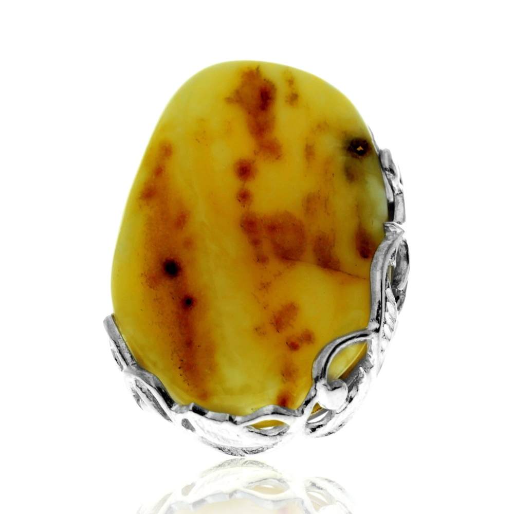 925 Sterling Silver & Genuine Lemon Baltic Amber Unique Exclusive Adjustable Ring - RG0779