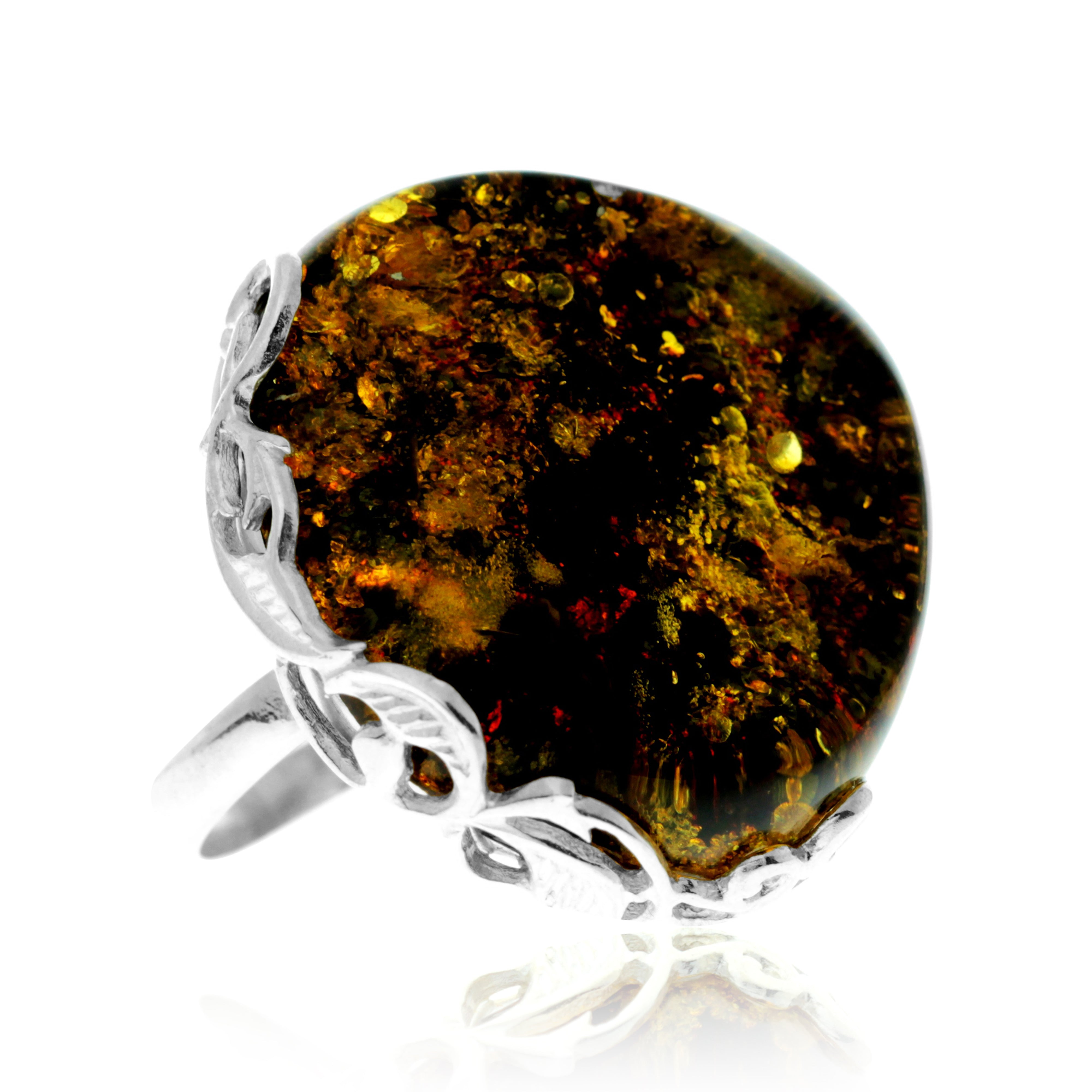 925 Sterling Silver & Genuine Green Baltic Amber Unique Exclusive Adjustable Ring - RG0780