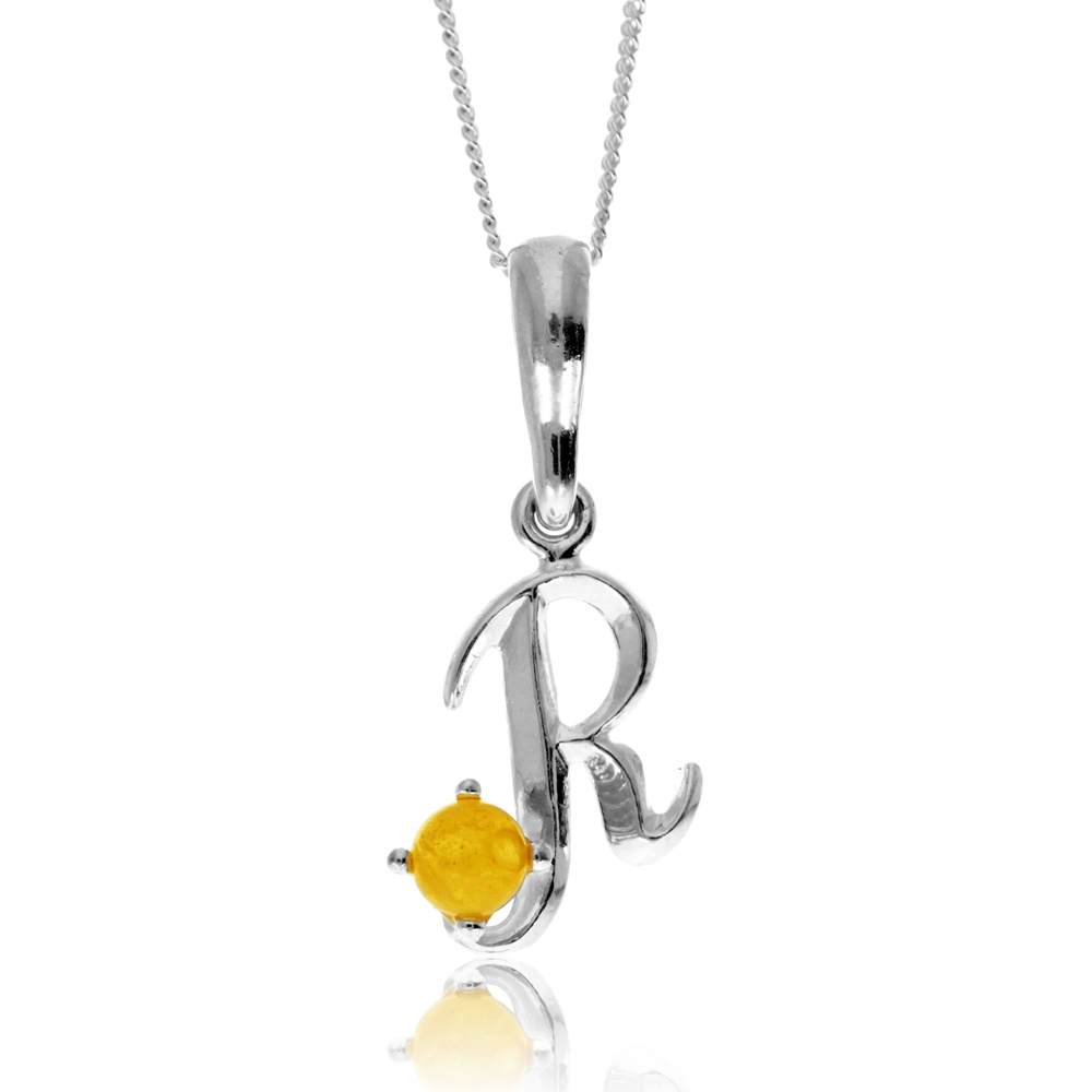 925 Sterling Silver & Genuine Baltic Amber Initials Alphabet Letters Pendant - AP