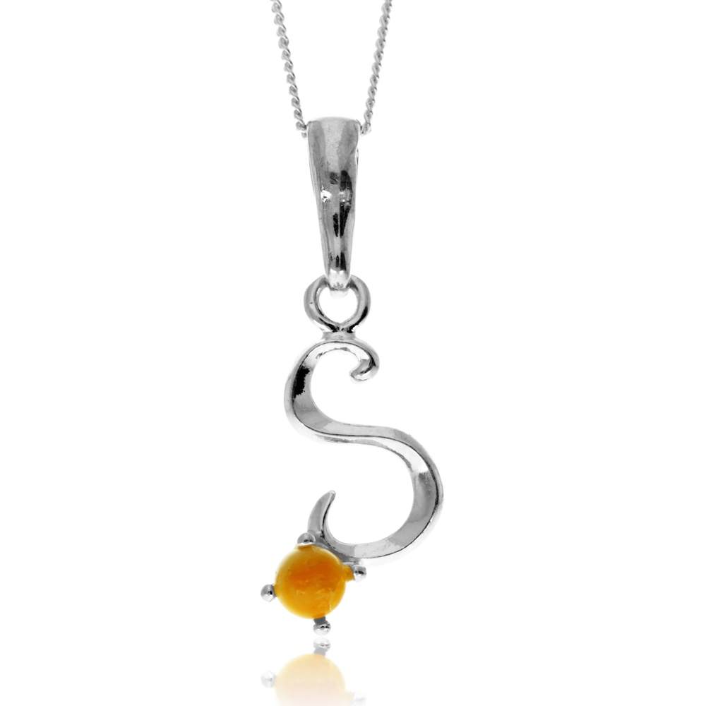 925 Sterling Silver & Genuine Baltic Amber Initials Alphabet Letters Pendant - AP