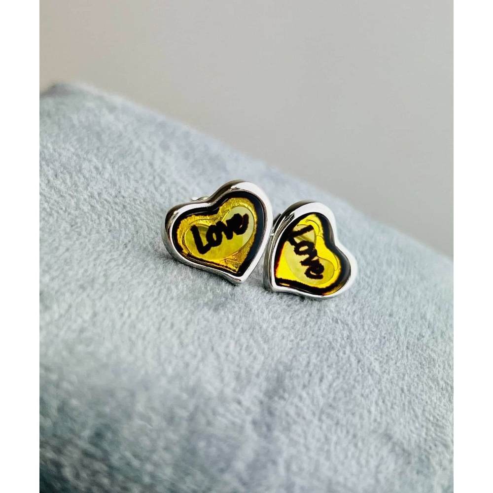 925 Sterling Silver & Baltic Amber Classic Heart Engraved Heart Studs Earrings - AC004