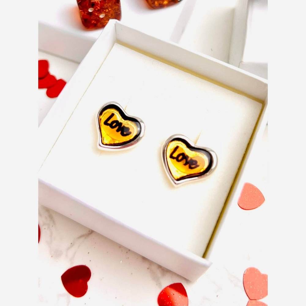 925 Sterling Silver & Baltic Amber Classic Heart Engraved Heart Studs Earrings - AC004