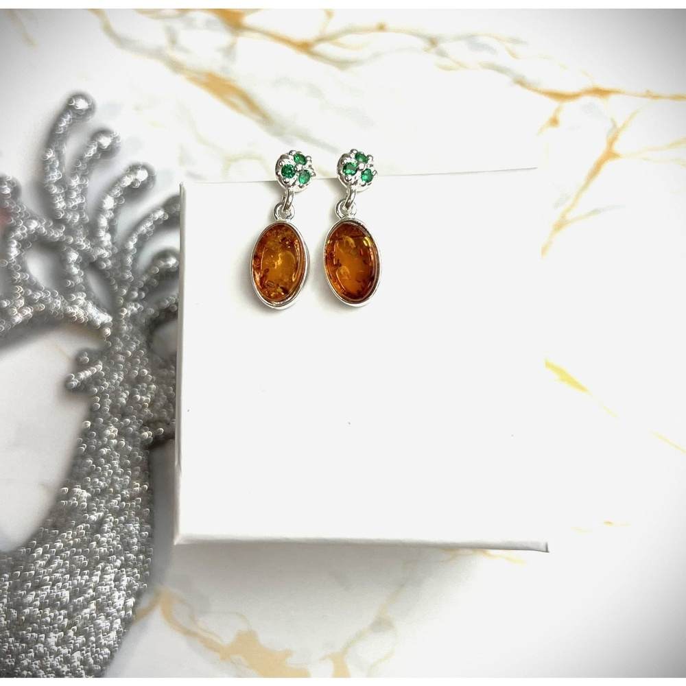 925 Sterling Silver & Genuine Baltic Amber in Combo with Cubic Zirconia Classic Drop Earrings - GL1016