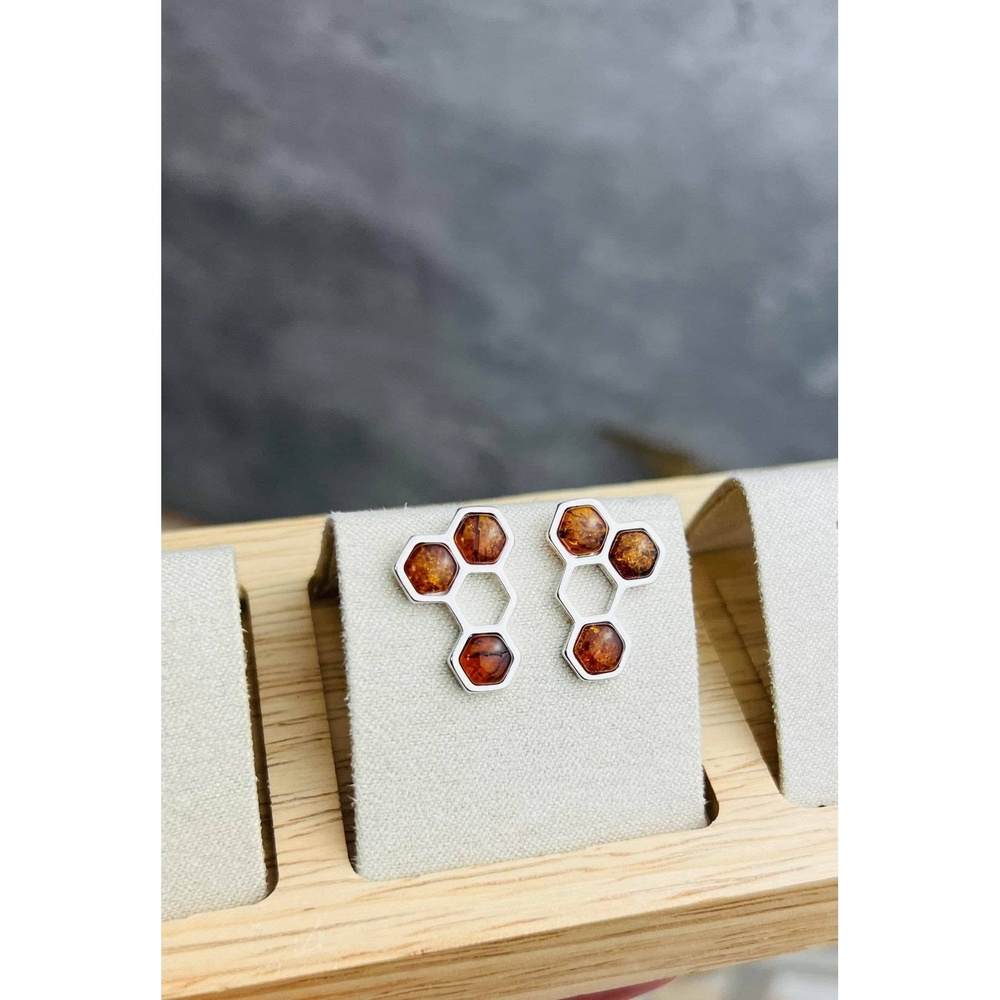 925 Sterling Silver & Genuine Baltic Amber Honeycombs Studs Earrings - GL1018