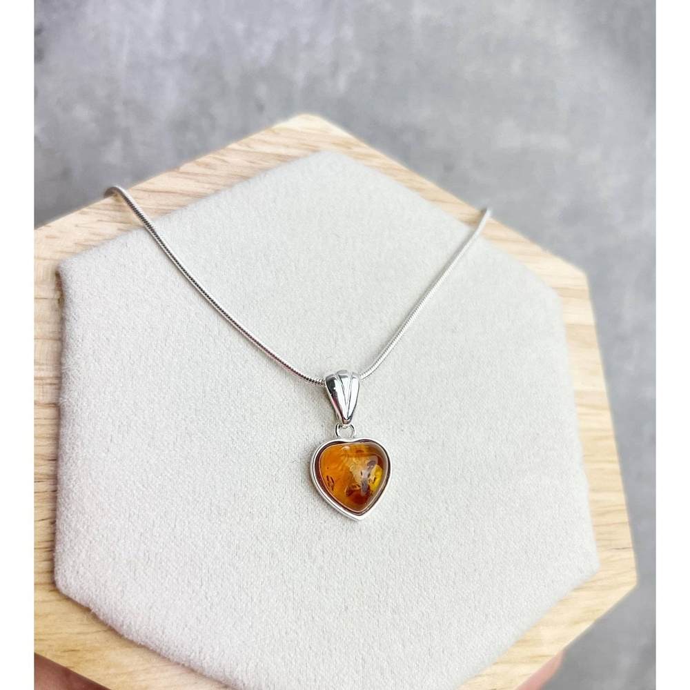 925 Sterling Silver & Genuine Baltic Amber Classic Heart Pendant - GL256B