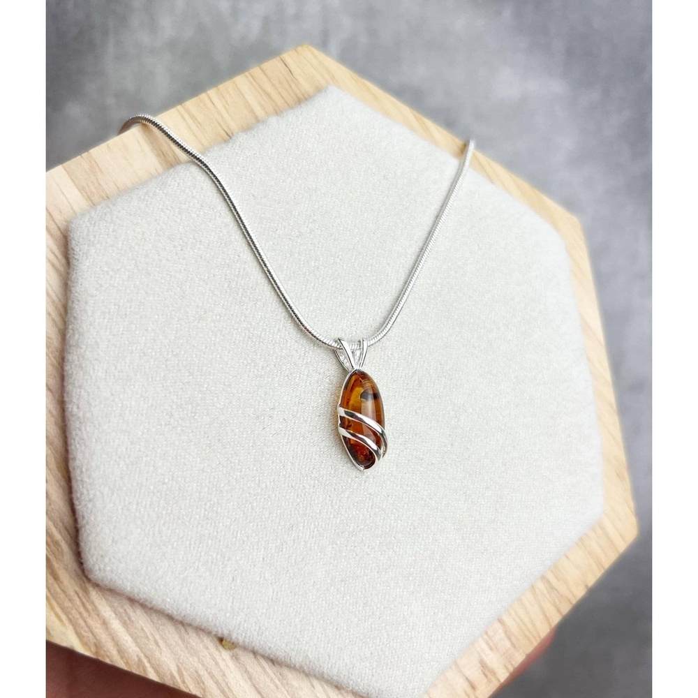 Little Oval Amber & 925 Sterling Silver Modern Pendant - GL271