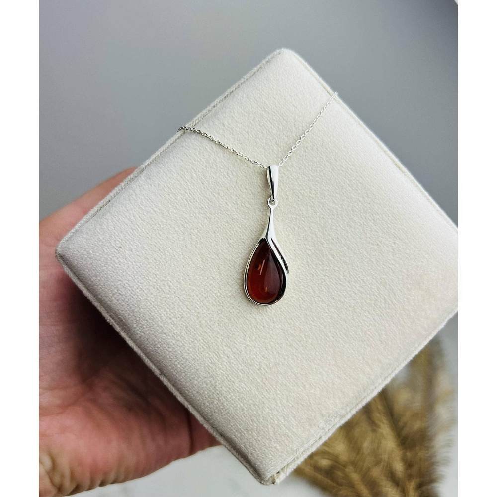 925 Sterling Silver & Genuine Baltic Amber Classic Teardrop Pendant - GL369