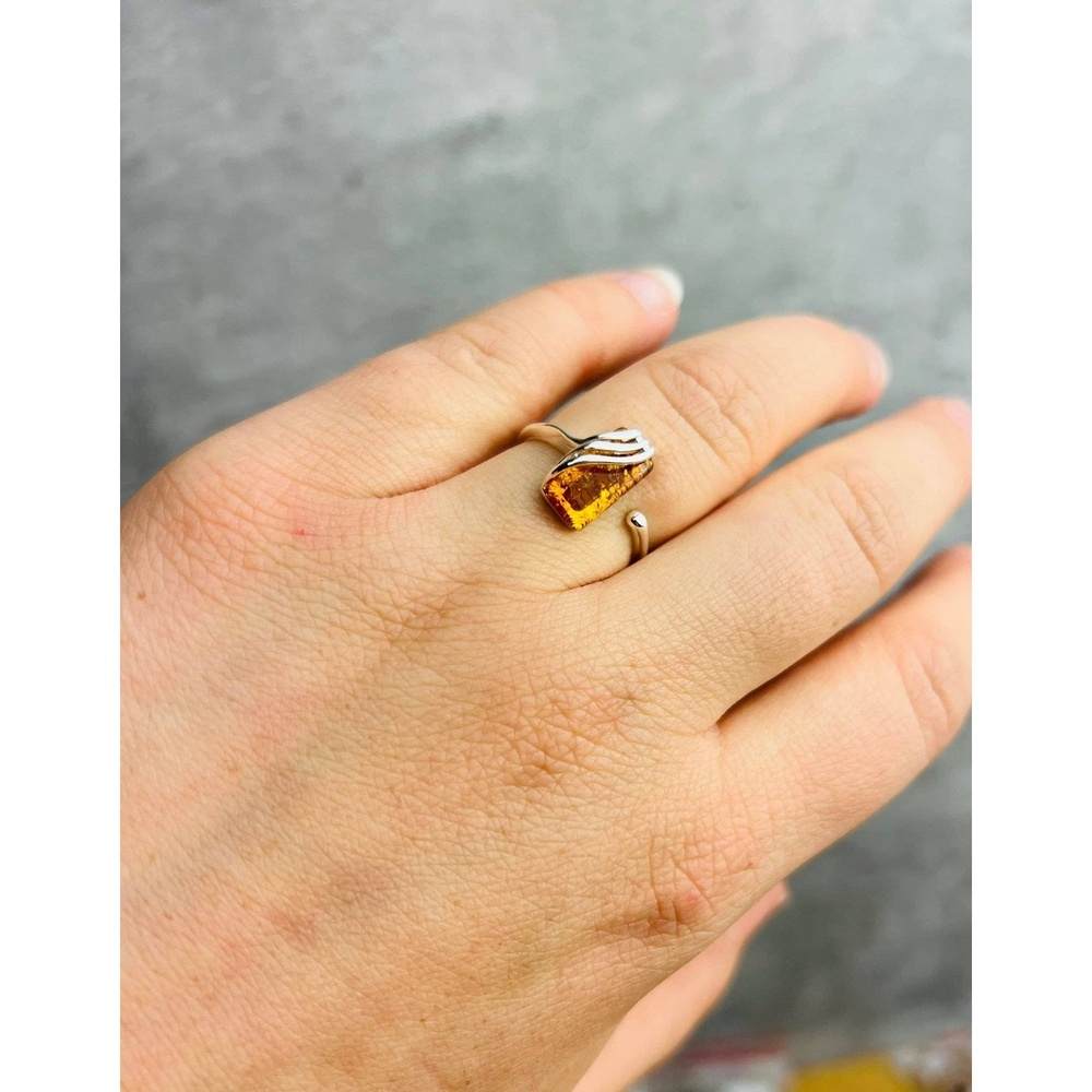 925 Sterling Silver & Genuine Baltic Amber Rectangular Modern Adjustable Ring - GL418A