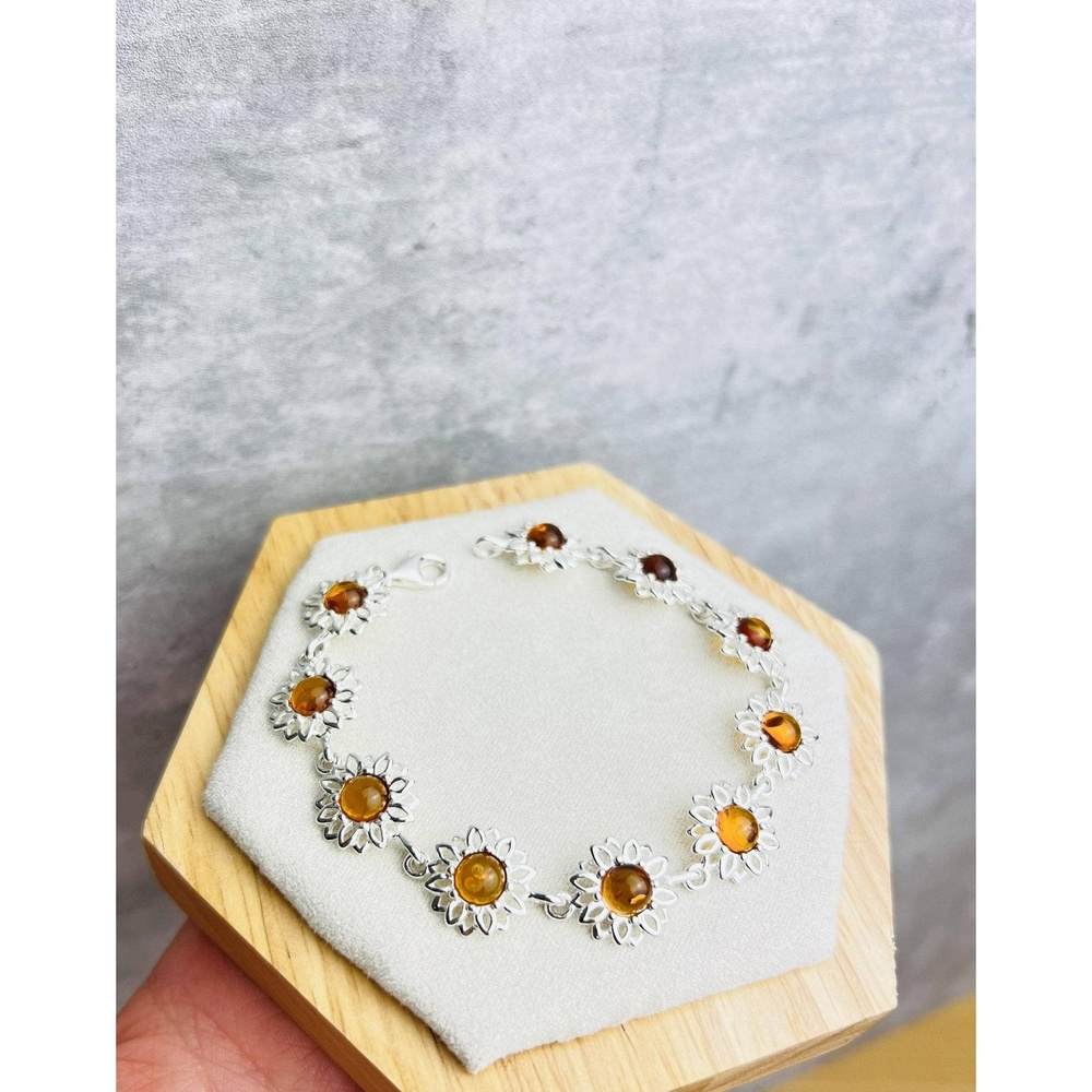 925 Sterling Silver & Genuine Baltic Amber Modern Flowers Link Bracelet - GL558