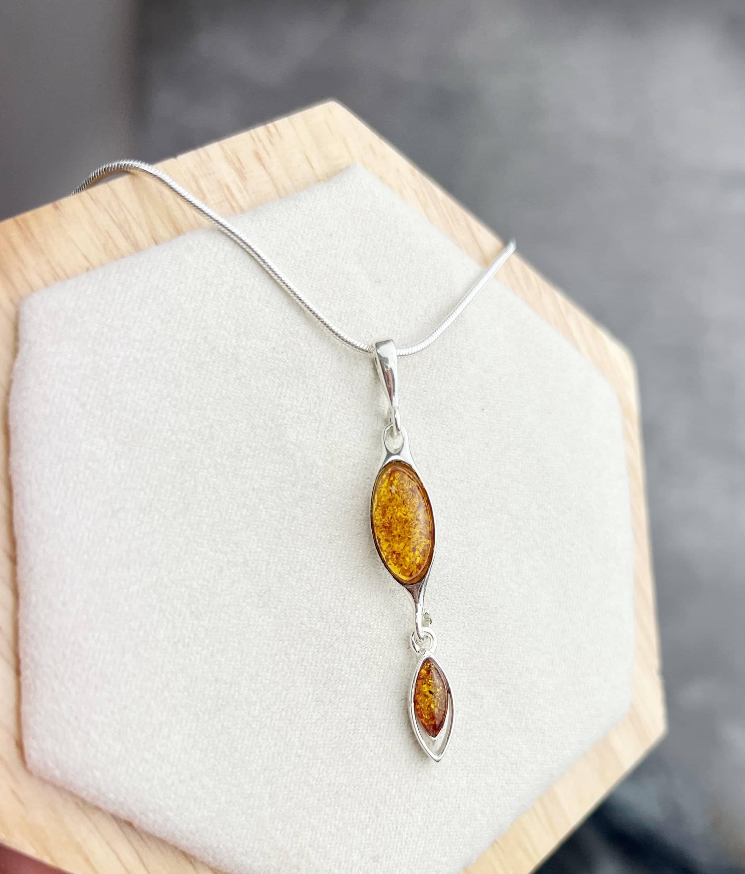 925 Sterling Silver & Genuine Baltic Amber Modern Long Pendant - M270