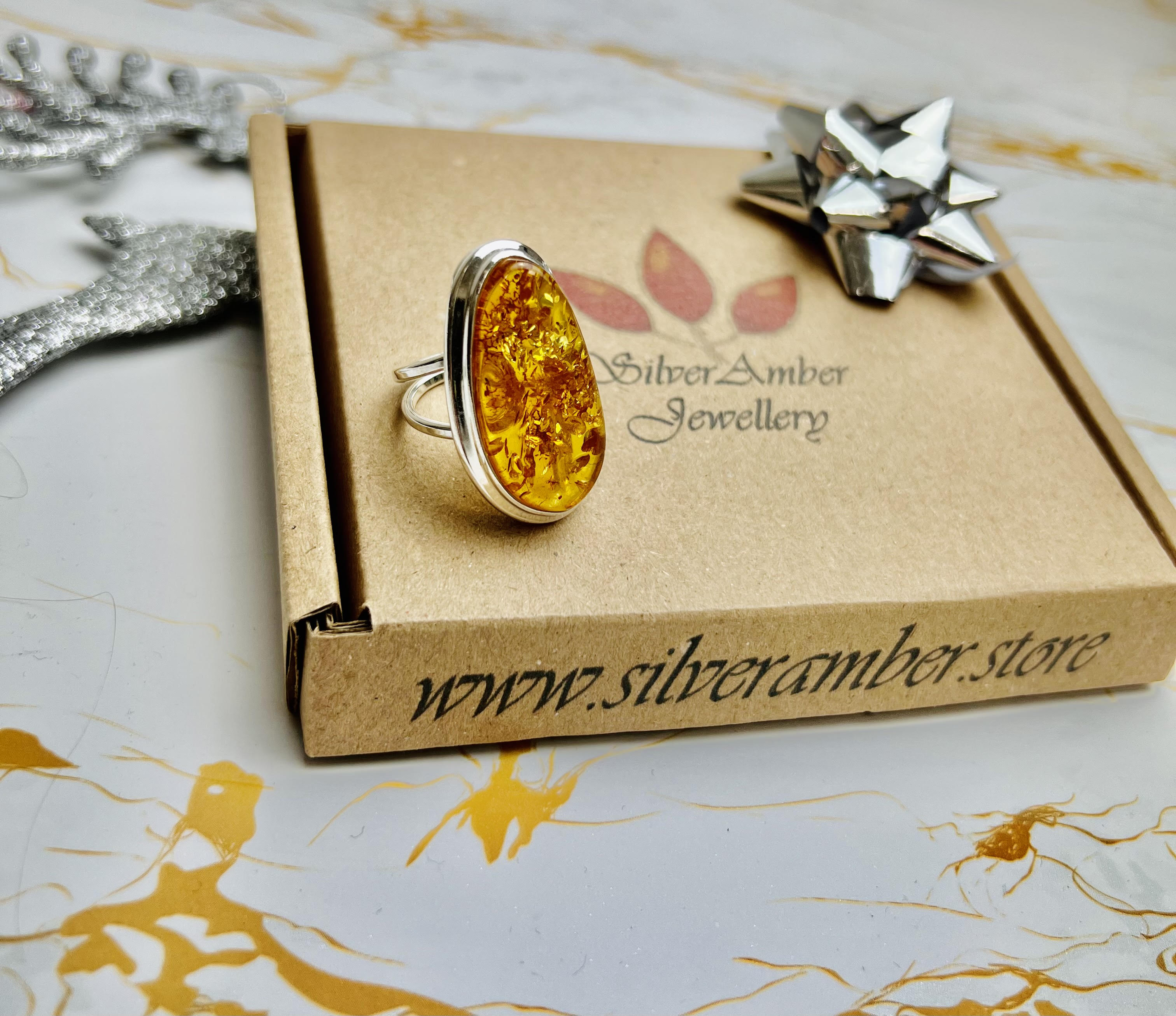 925 Sterling Silver & Genuine Cognac Baltic Amber Unique Ring - RG0668